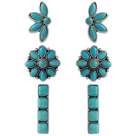 Western Concho Flower Bar Gemstone Earrings Set