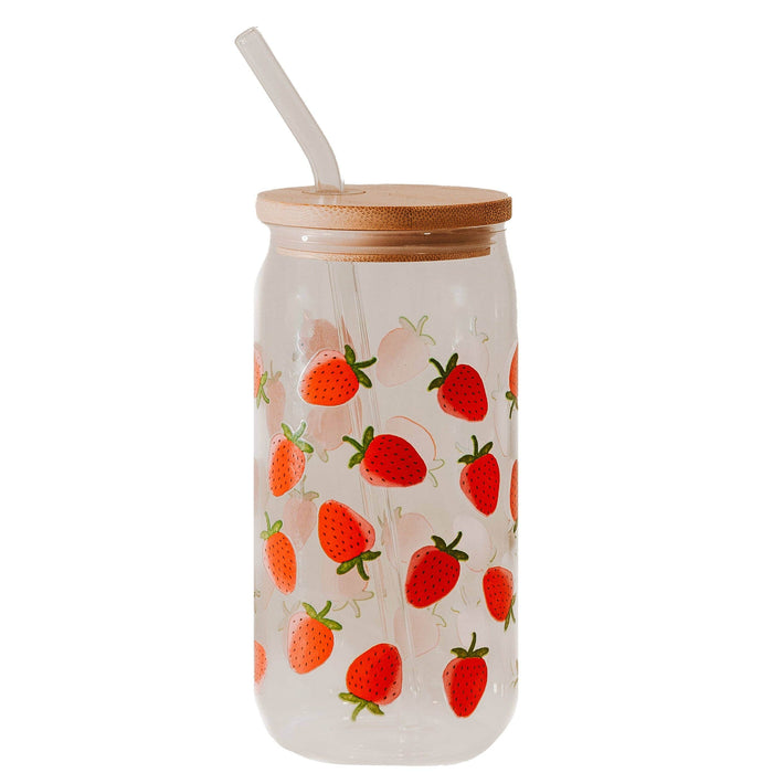 Strawberry 17 oz Can Glass w/ Straw and Lid - Decor & Gifts