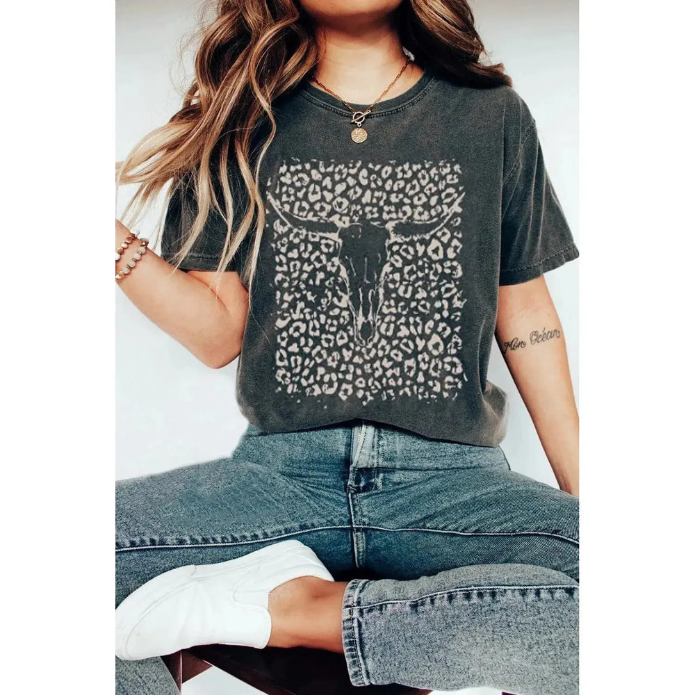 Black Leopard Skull Graphic Print Short Sleeve T Shirt Dear lover