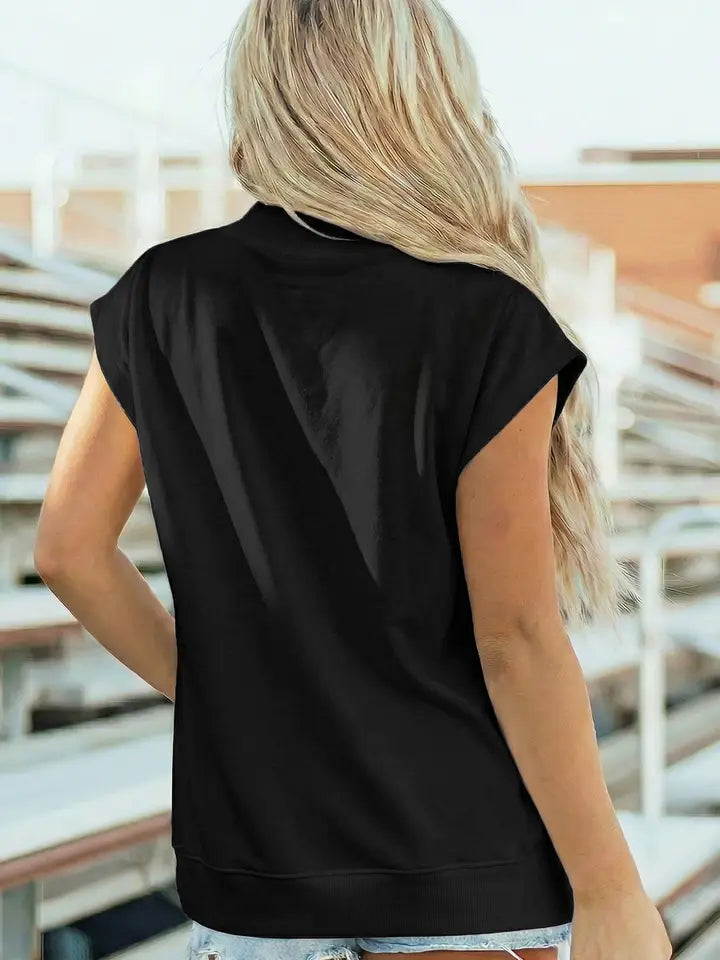 Black Solid Color High Neck Cap Sleeve Loose Top