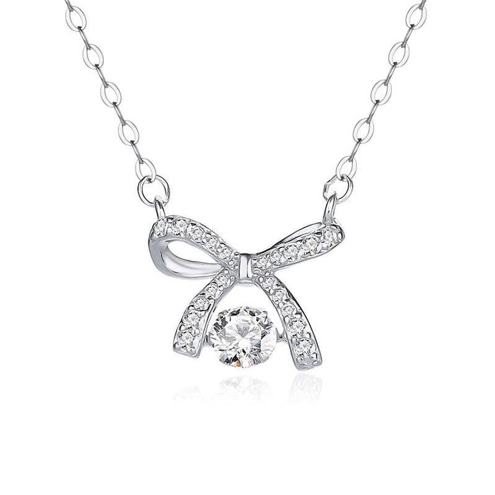 Bow Bowknot Dancing Stone Necklace in 925 Sterling Silver
