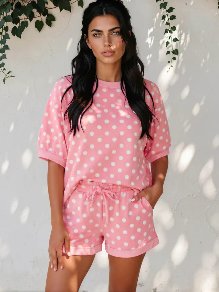 Pink Polka Dot Oversized Top Drawstring Short Set