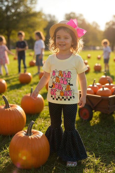 Halloween cream top black dots pant 2pc girls set