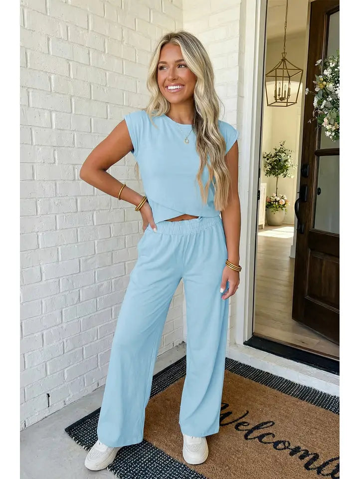 Beau Blue Solid Color Cropped Tank Top and Jogger Pants Set