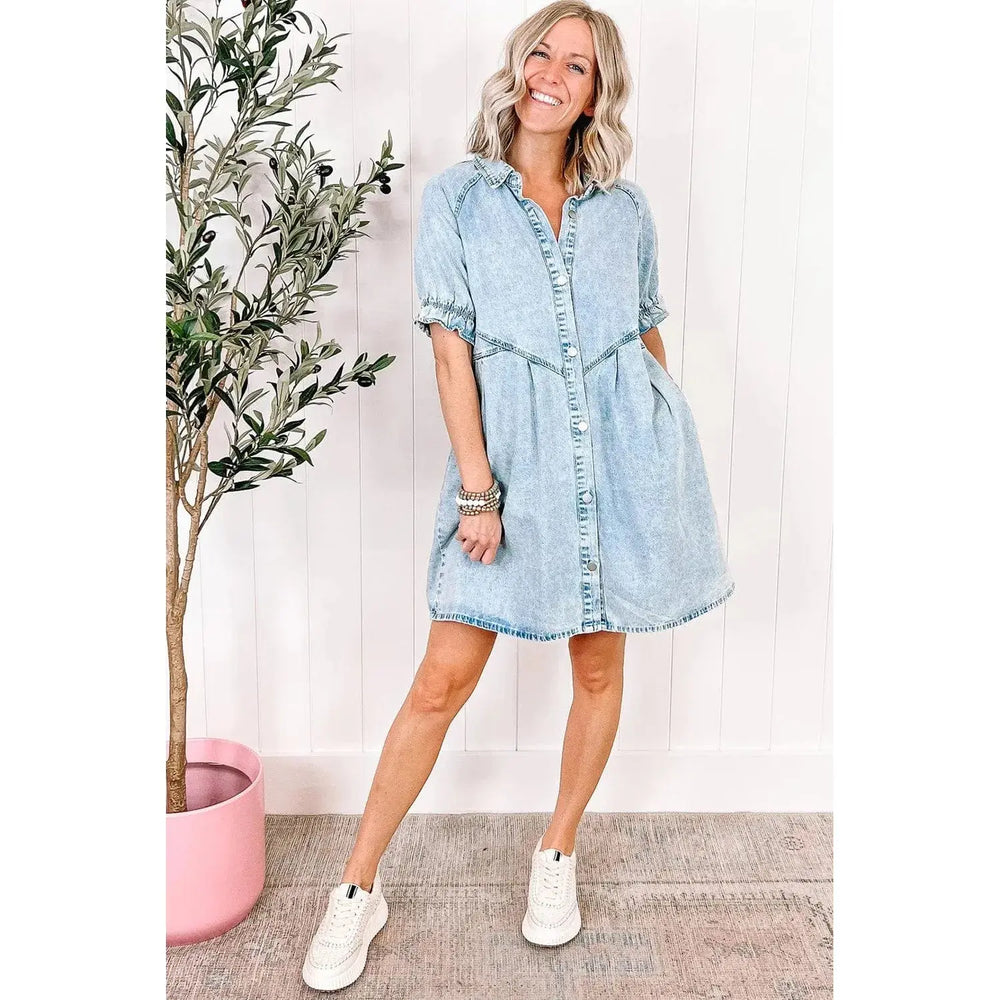Beau Blue Mineral Wash Ruffled Short Sleeve Buttoned Denim Dress Dear lover