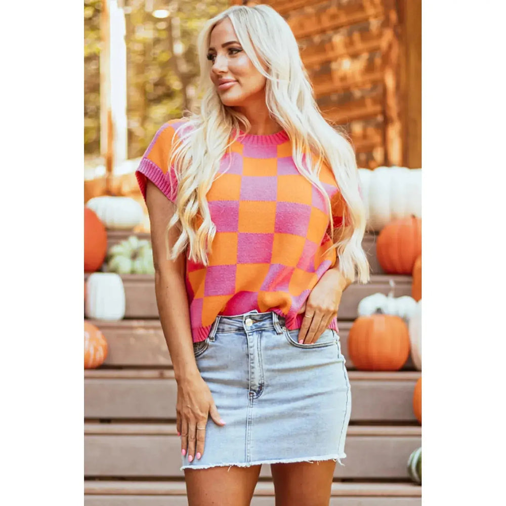 Strawberry Pink Colorblock Plaid Pattern Ribbed Trim Sweater Tank Top Dear lover