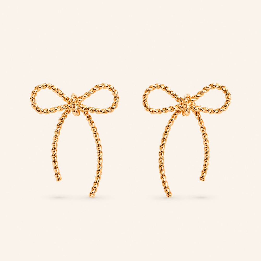 Rope Bow Design Stud Earrings on warm cream background