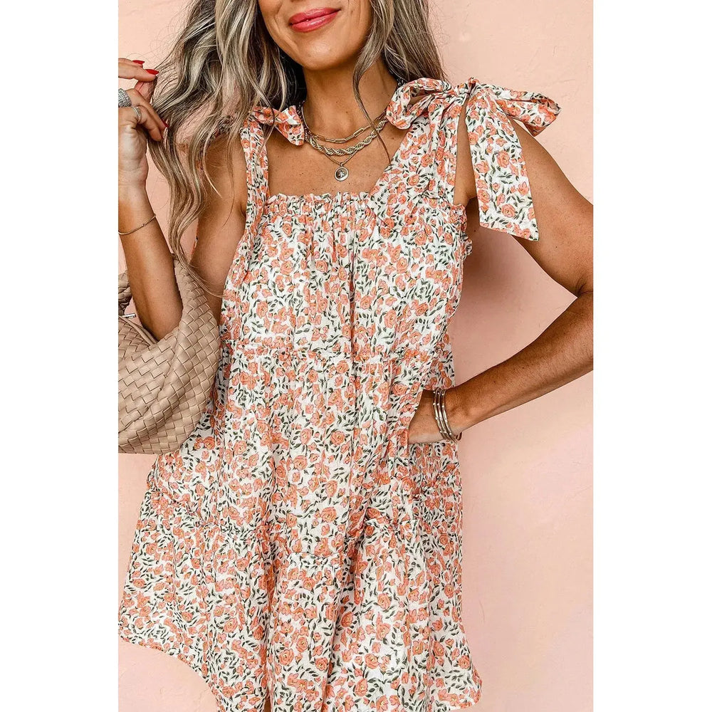 Orange Rose Floral Knotted Straps Tiered Babydoll Dress