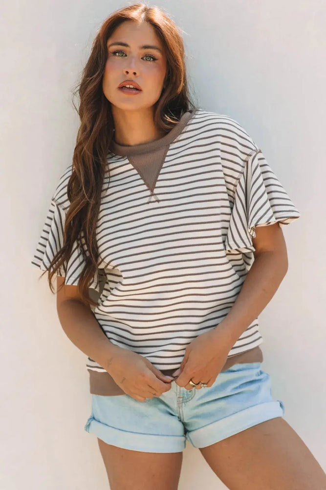 Striped Ruffle Short Sleeve Top Dear lover