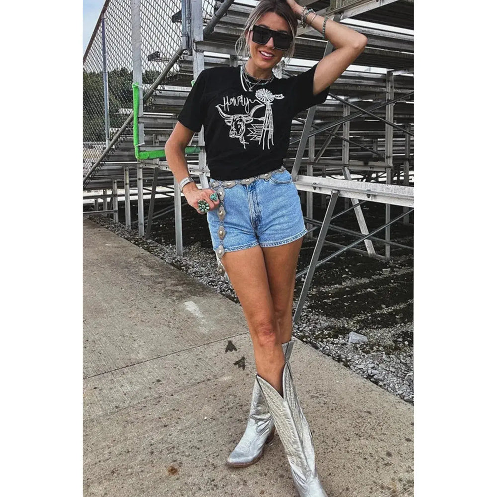 Black Howdy Western Cow Embroidered O Neck T Shirt Dear lover