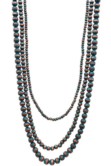 Three layered beaded necklaces with a black and bronze color scheme on a white background.