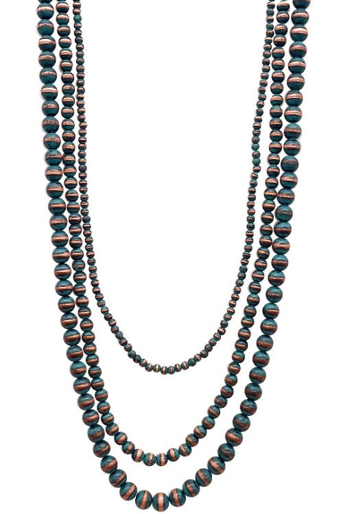 Three layered beaded necklaces with a black and bronze color scheme on a white background.