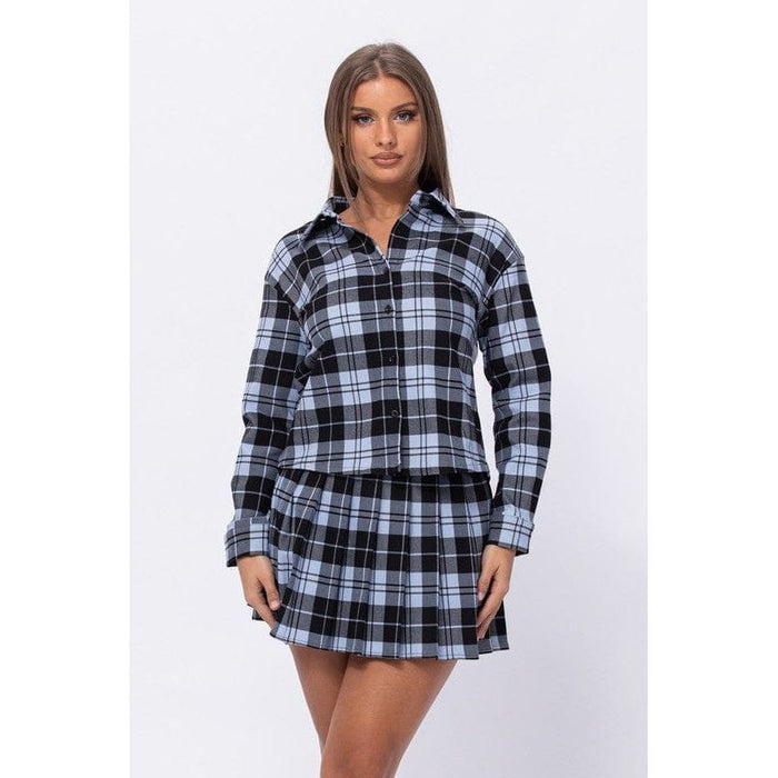 Plaid Loose Shirts and Pleated Skirt Set Fashion Wildcat
