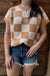 Light French Beige Colorblock Plaid Pattern Ribbed Trim Sweater Tank Top Dear lover