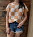 Light French Beige Colorblock Plaid Pattern Ribbed Trim Sweater Tank Top Dear lover