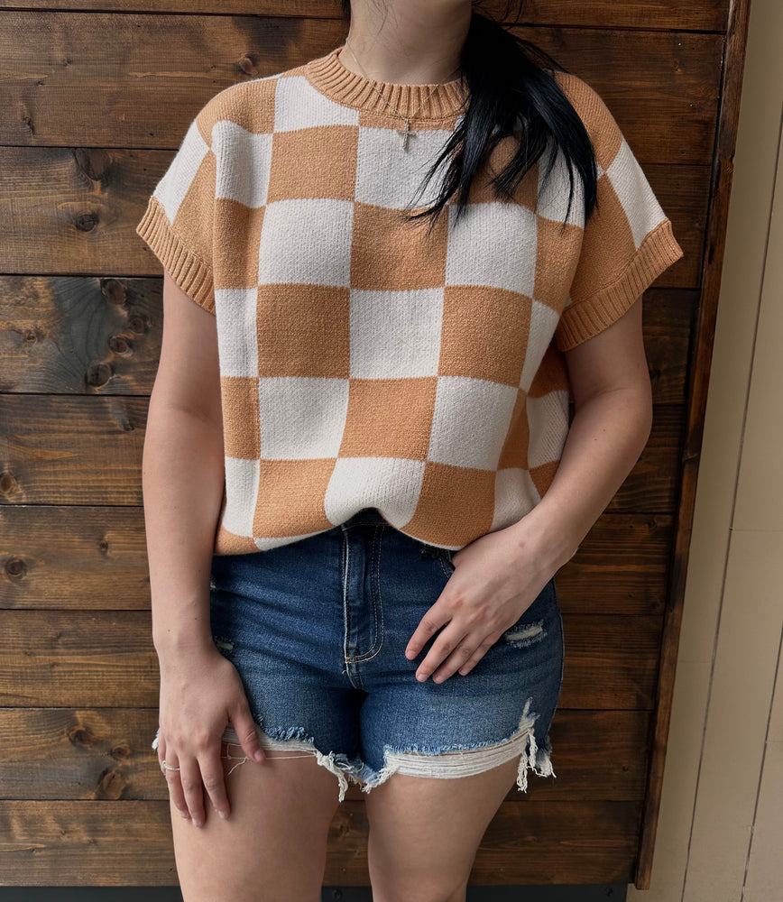 Light French Beige Colorblock Plaid Pattern Ribbed Trim Sweater Tank Top Dear lover
