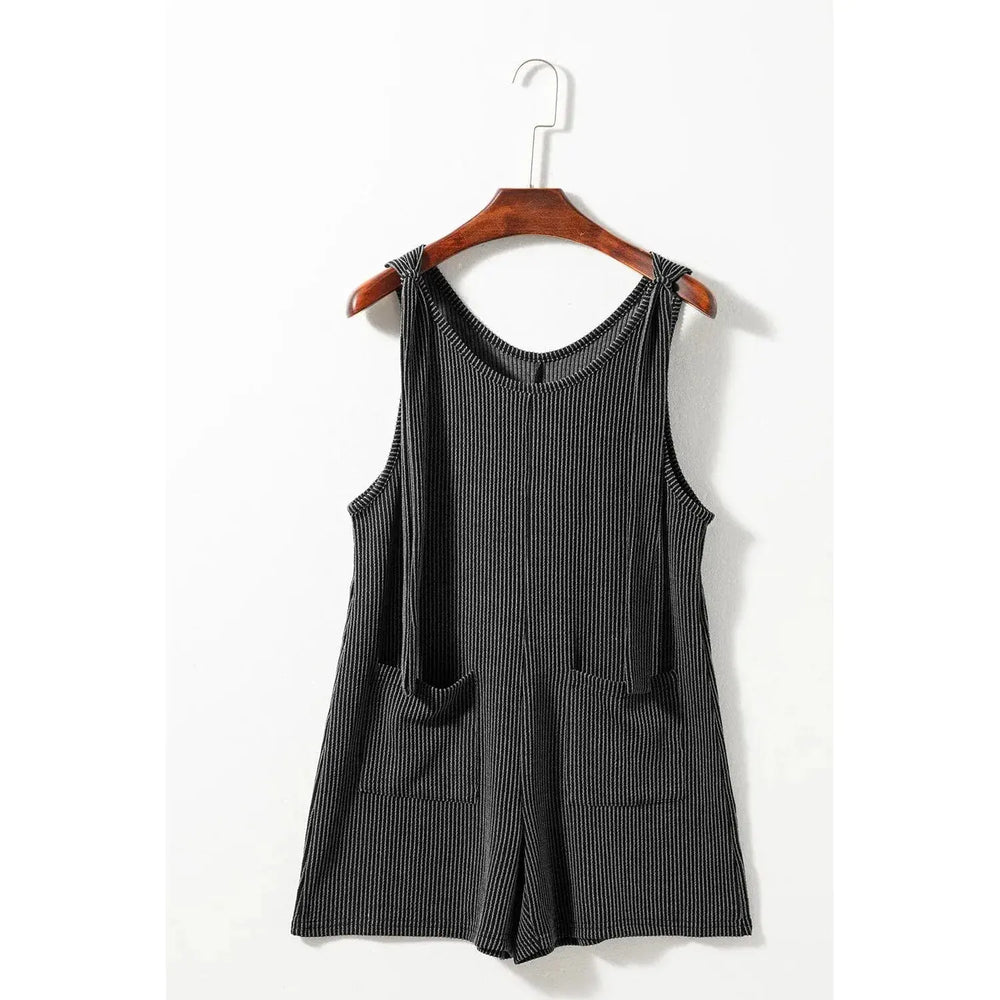 Dark Grey Striped Print Knotted Straps Pocketed Romper