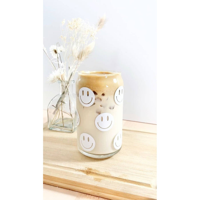 Smiley Face 16 Ounce Glass Cup With Glass Straw And Bamboo Lid