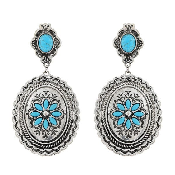 Floral Scalloped Concho Turquoise Western Earrings
