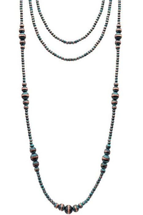 Long beaded necklace with alternating beads on a white background