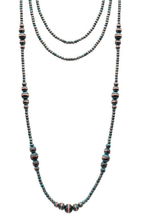 Long beaded necklace with alternating beads on a white background