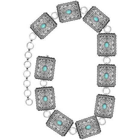 Western Concho Aztec Gemstone Rectangle Chain Belt