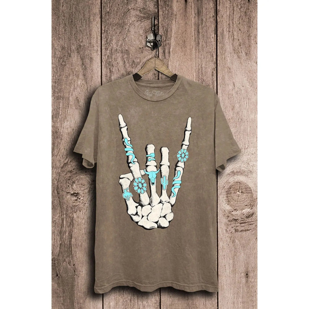 Skeleton Rock Hand Sign Graphic Top Lotus Fashion Collection