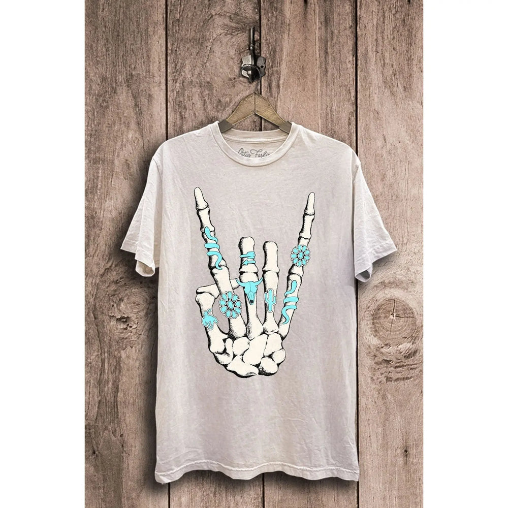 Skeleton Rock Hand Sign Graphic Top Lotus Fashion Collection