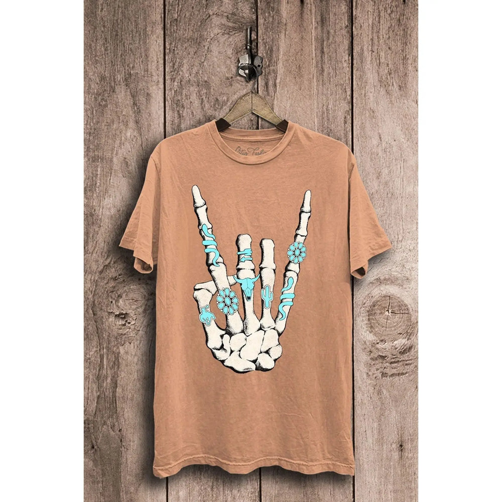 Skeleton Rock Hand Sign Graphic Top Lotus Fashion Collection