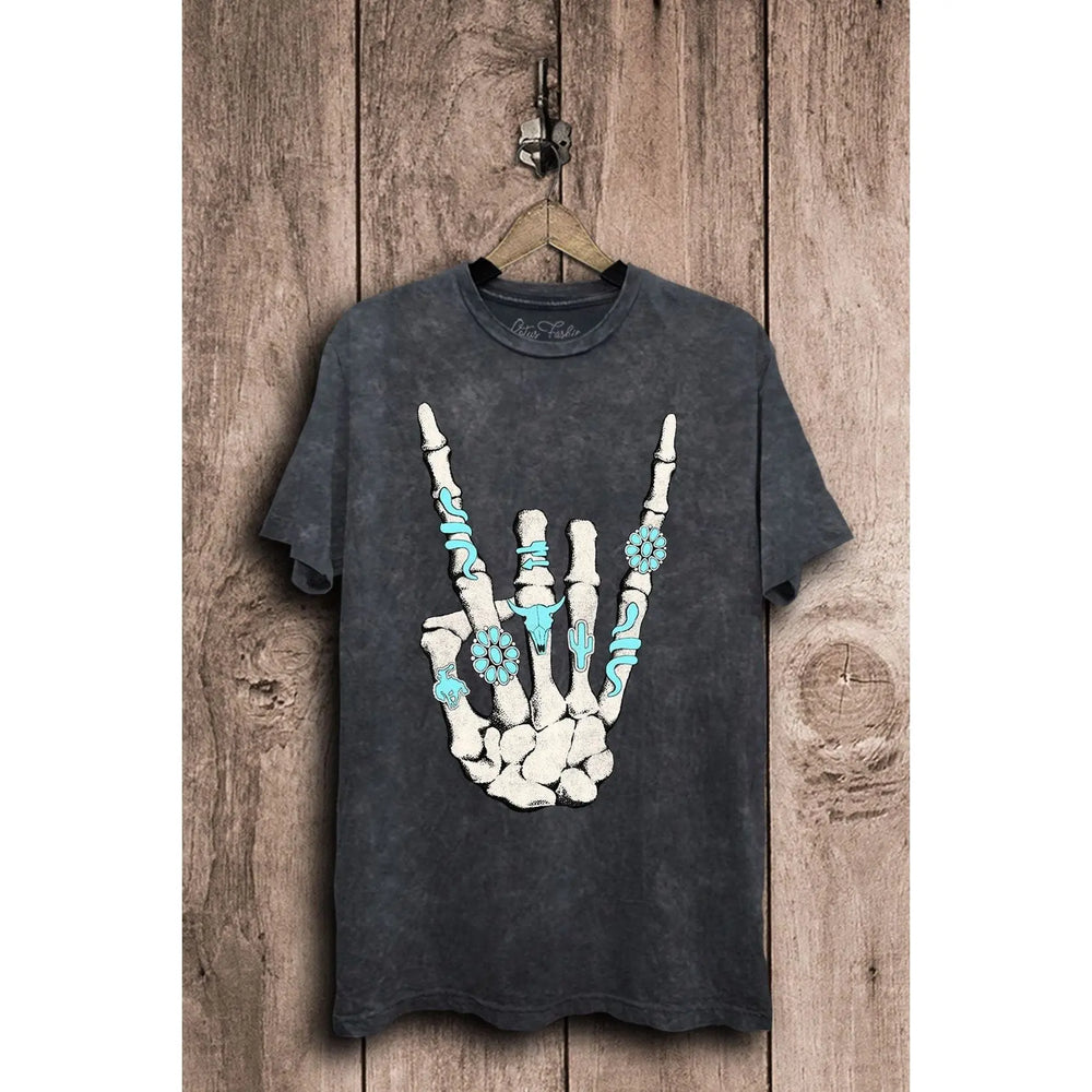 Skeleton Rock Hand Sign Graphic Top Lotus Fashion Collection
