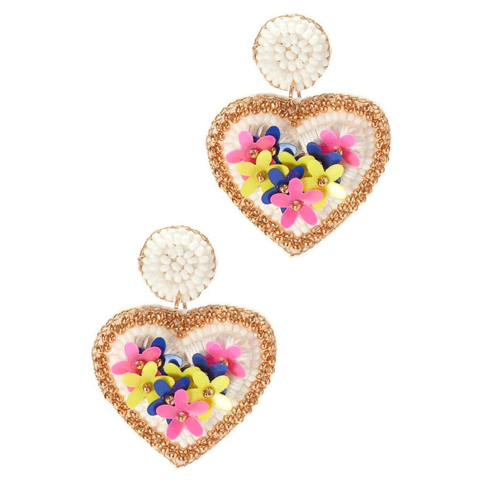 Seed Beaded Heart with Flower Post Earrings