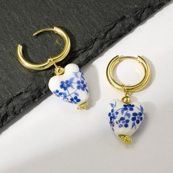 18K Gold Bow Huggie Hoop Earrings – Blue Ceramic Porcelain - LECCE