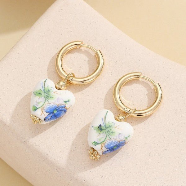 18K Gold Bow Huggie Hoop Earrings – Blue Ceramic Porcelain - LECCE