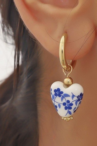18K Gold Bow Huggie Hoop Earrings – Blue Ceramic Porcelain - LECCE