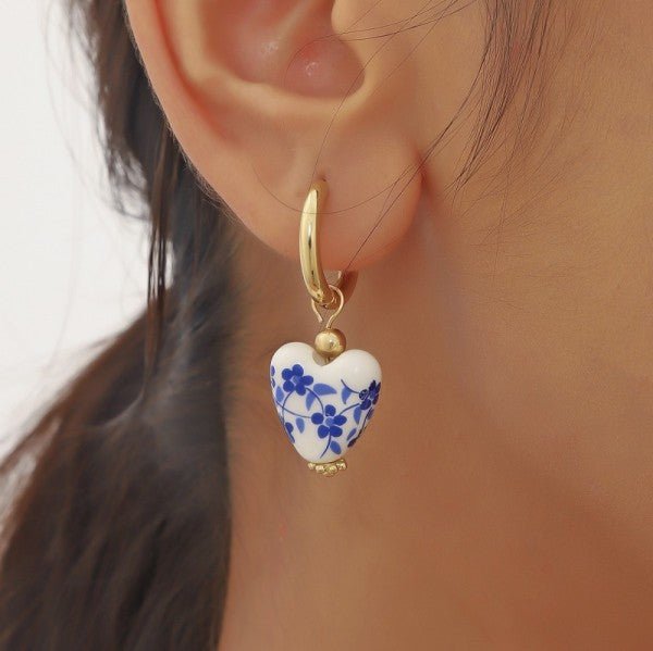 18K Gold Bow Huggie Hoop Earrings – Blue Ceramic Porcelain - LECCE