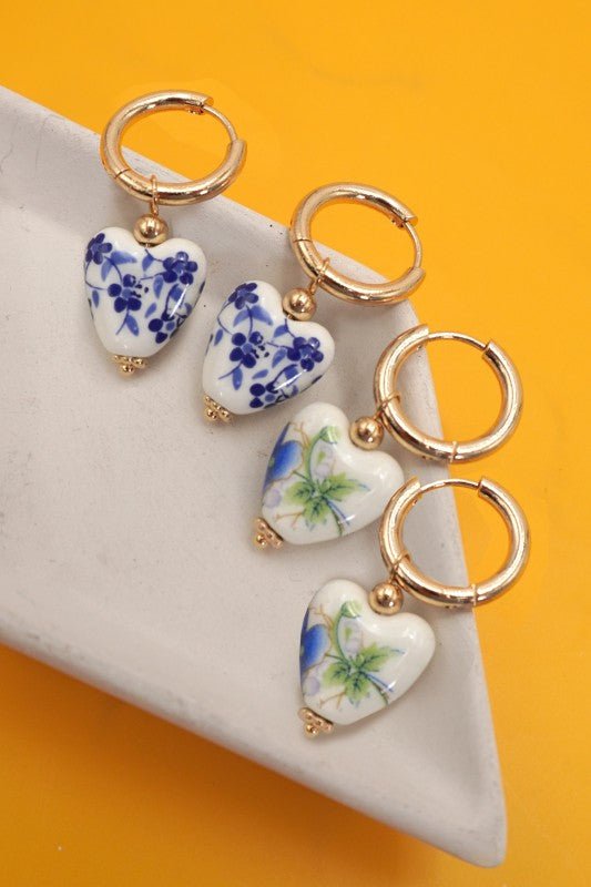 18K Gold Bow Huggie Hoop Earrings – Blue Ceramic Porcelain - LECCE