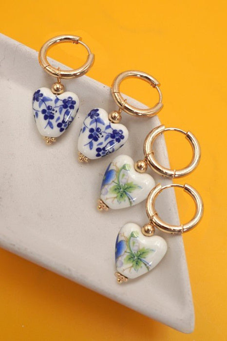 18K Gold Bow Huggie Hoop Earrings – Blue Ceramic Porcelain - LECCE