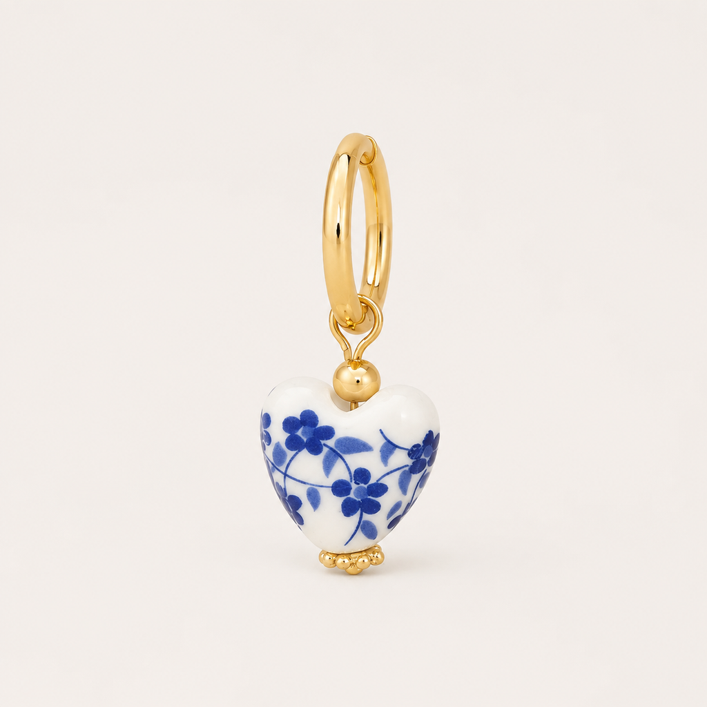 18K Gold Bow Huggie Hoop Earrings – Blue Ceramic Porcelain