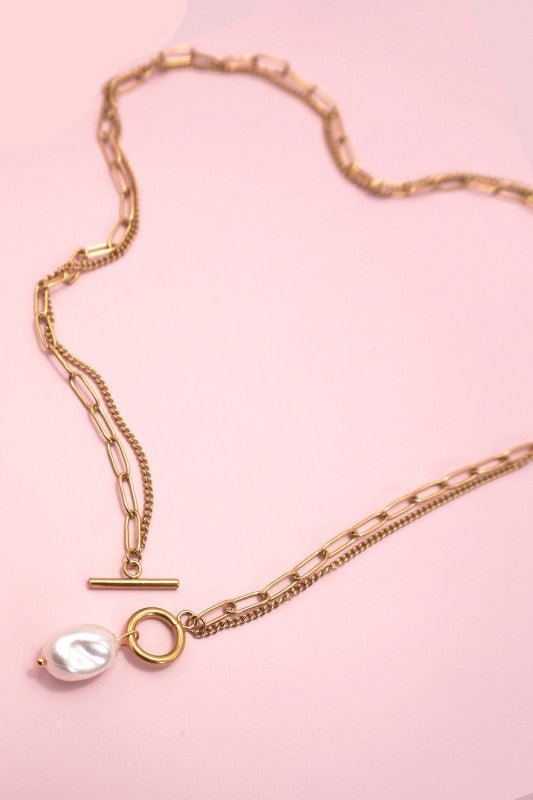 18K Gold Double Layer Pearl Drop Toggle Necklace