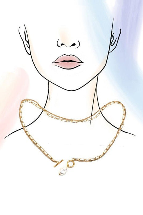 18K Gold Double Layer Pearl Drop Toggle Necklace - LECCE