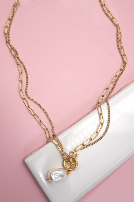 18K Gold Double Layer Pearl Drop Toggle Necklace - LECCE