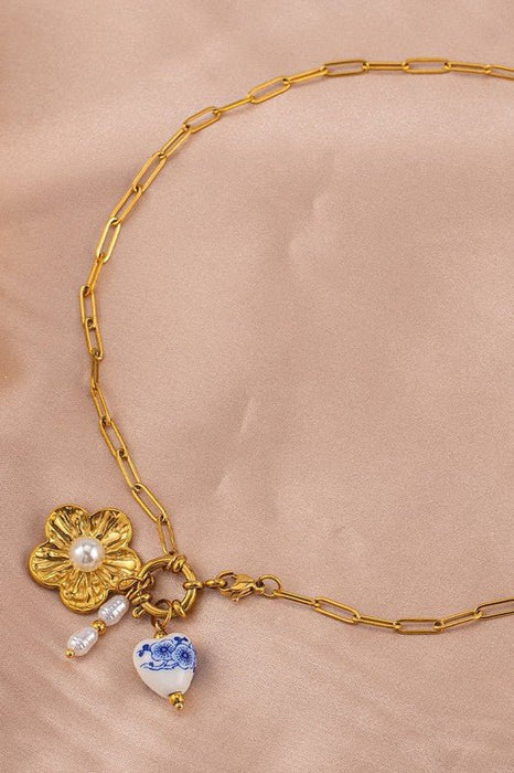 18K Gold Porcelain Heart & Flower Charm Station Necklace - LECCE