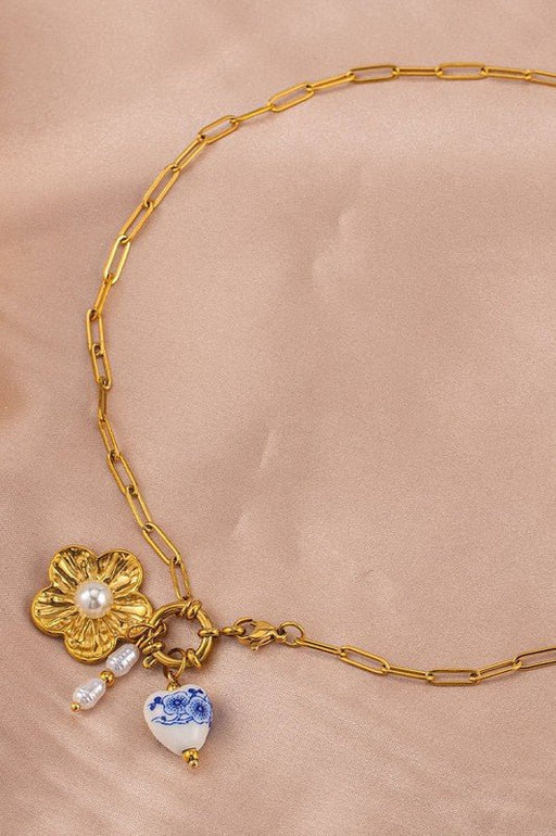 18K Gold Porcelain Heart & Flower Charm Station Necklace - LECCE