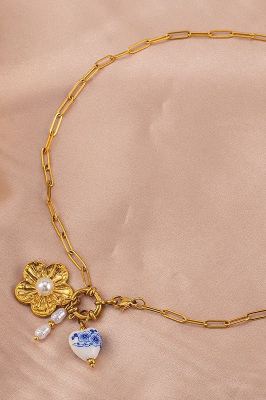 18K Gold Porcelain Heart & Flower Charm Station Necklace