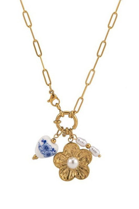 18K Gold Porcelain Heart & Flower Charm Station Necklace - LECCE