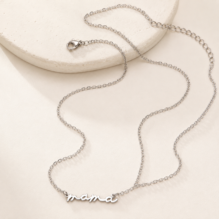 18k Stainless Steel Tarnish Free Mama Necklace on ivory background