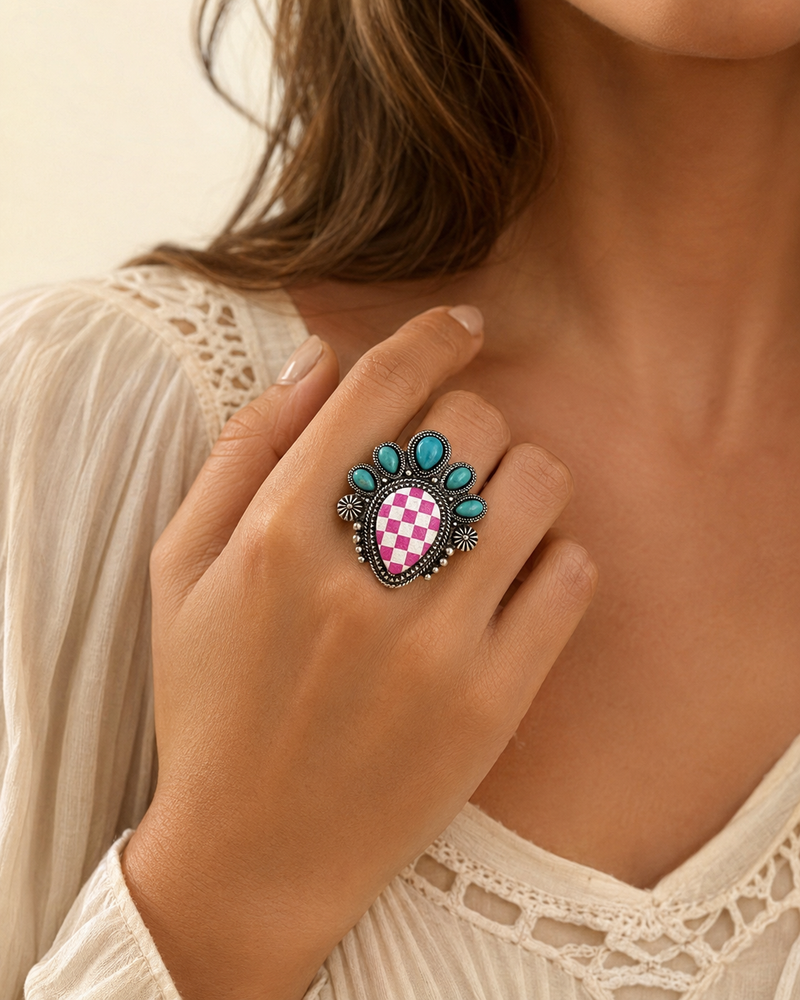 Checkered Print Western Teardrop Flower Stretch Ring Lunar Deer