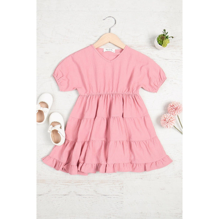 Kids Solid V-neck Short Sleeve Tiered Dress