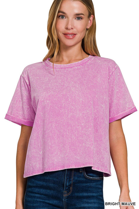 Acid Wash Roll- Short Sleeve Crop Top