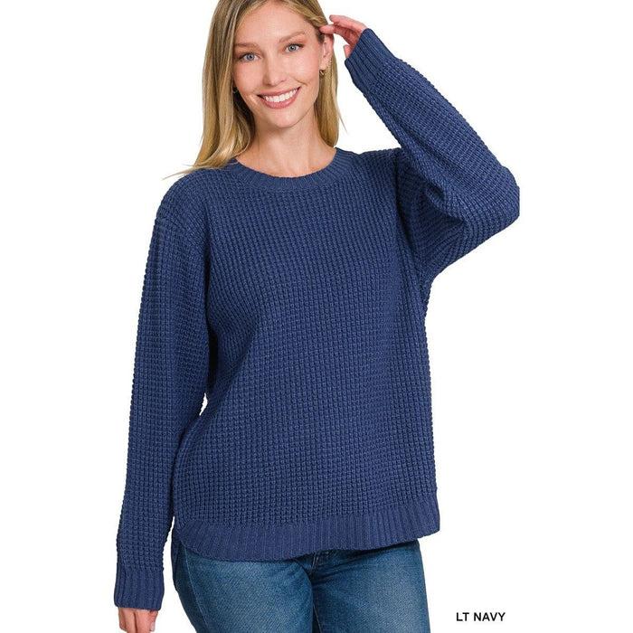 Hi-low Long Sleeve Round Neck Waffle Sweater